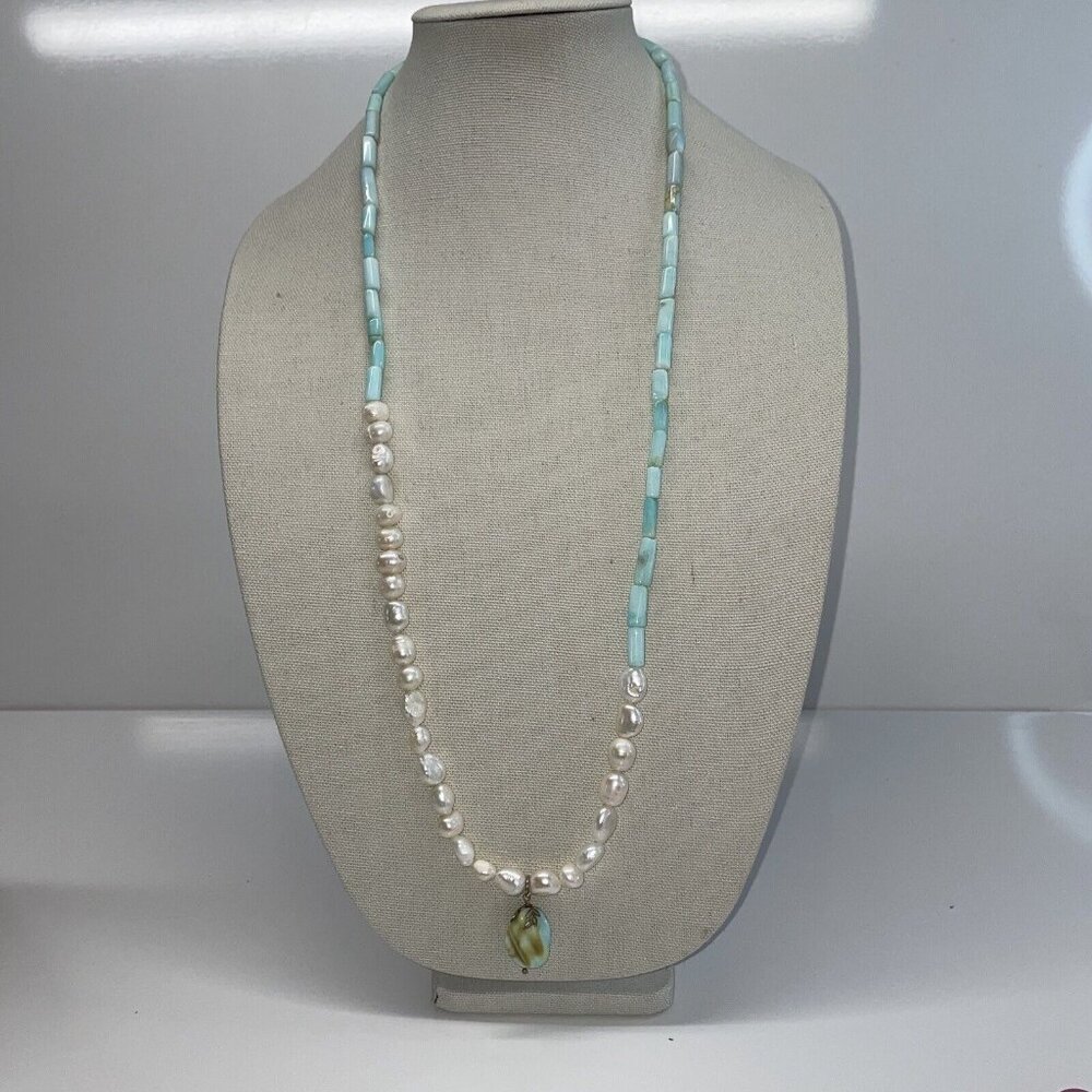 Aqua Peruvian Opal? Tube Beads & Freshwater Pearl Pendant Gemstone Necklace A140 - Picture 2 of 16